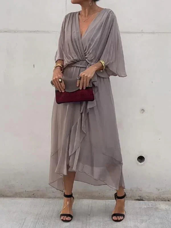Monica - Zijden Chiffon Jurk met V-Hals