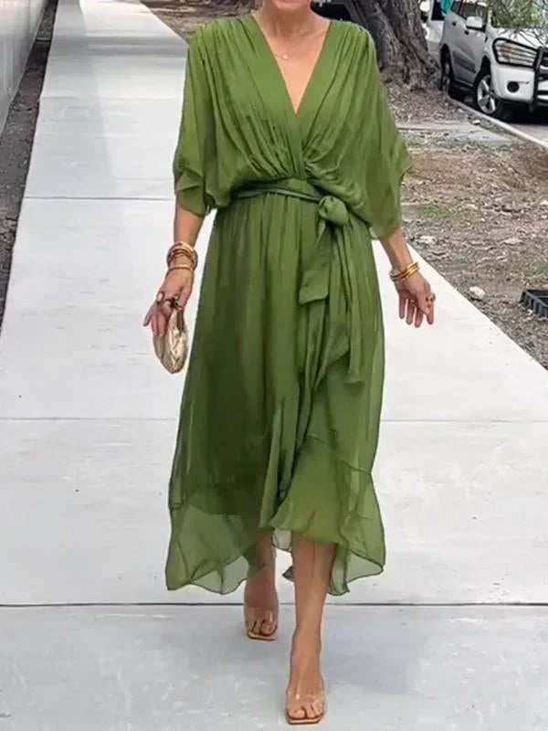 Monica - Zijden Chiffon Jurk met V-Hals