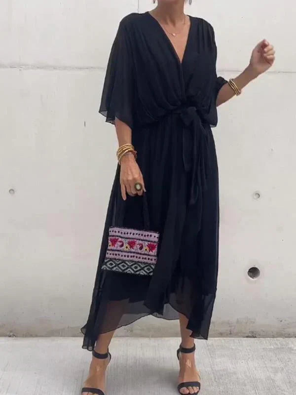 Monica - Zijden Chiffon Jurk met V-Hals