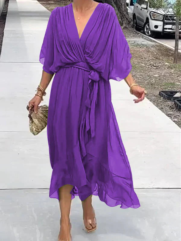 Monica - Zijden Chiffon Jurk met V-Hals