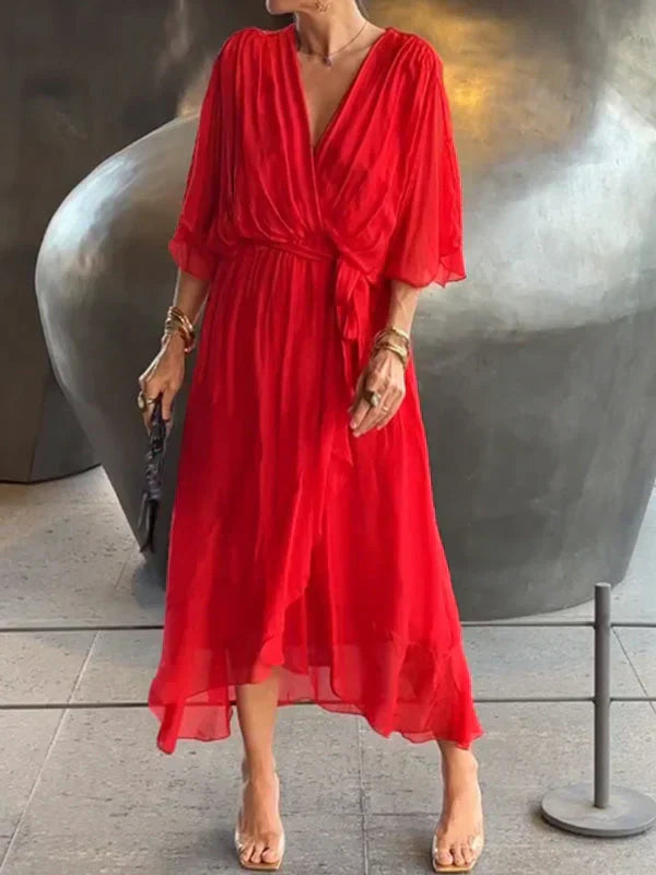 Monica - Zijden Chiffon Jurk met V-Hals