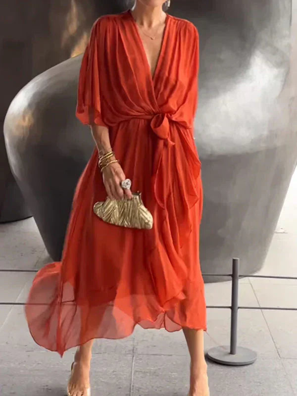 Monica - Zijden Chiffon Jurk met V-Hals