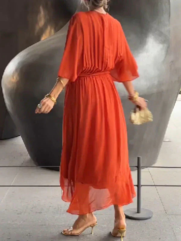 Monica - Zijden Chiffon Jurk met V-Hals