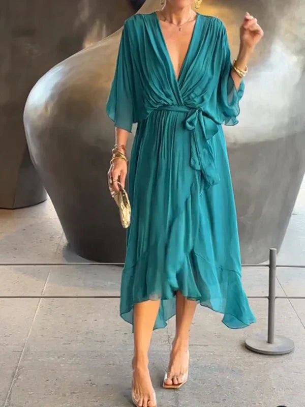Monica - Zijden Chiffon Jurk met V-Hals
