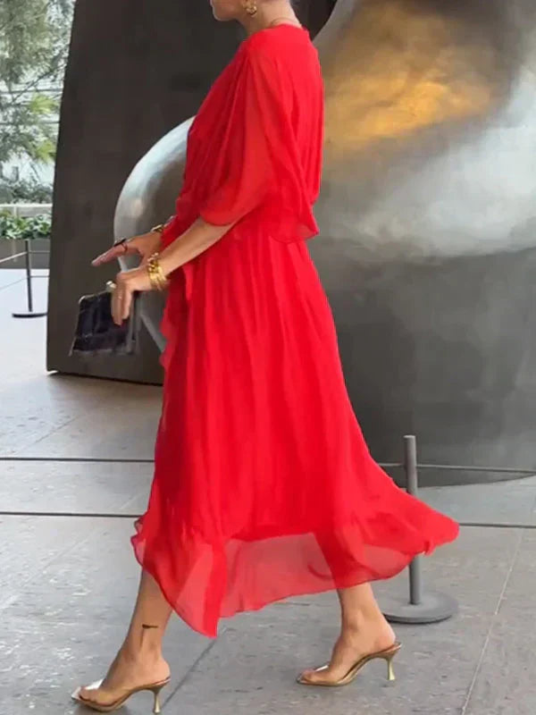Monica - Zijden Chiffon Jurk met V-Hals