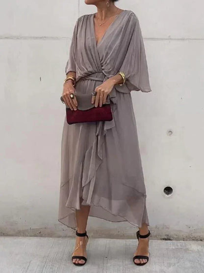 Monica - Zijden Chiffon Jurk met V-Hals