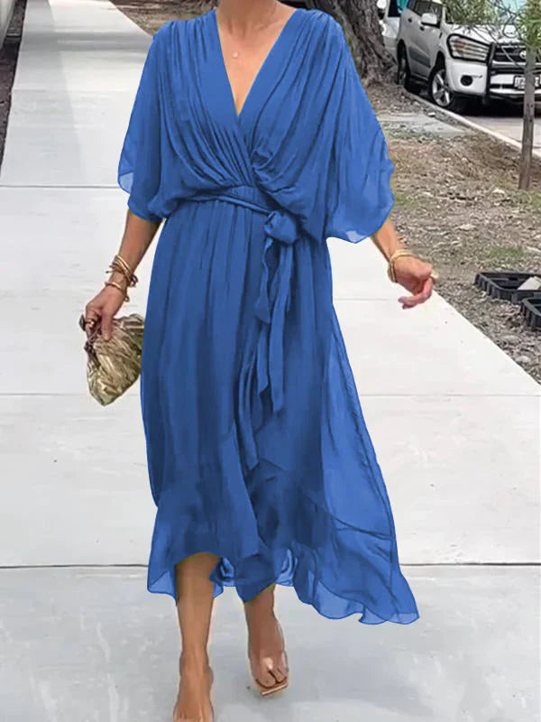 Monica - Zijden Chiffon Jurk met V-Hals